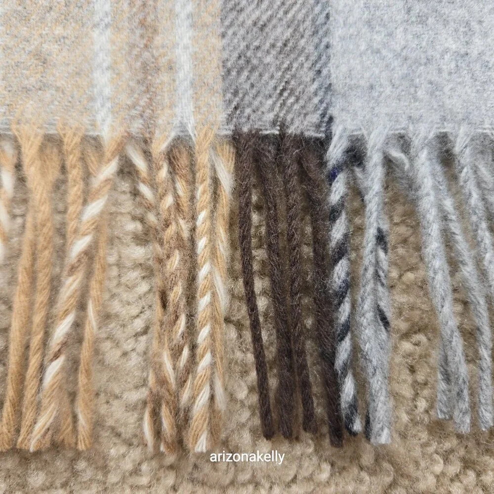 NWOT Bronte By Moon Merino Wool Wrap Plaid Tan Brown & Grey